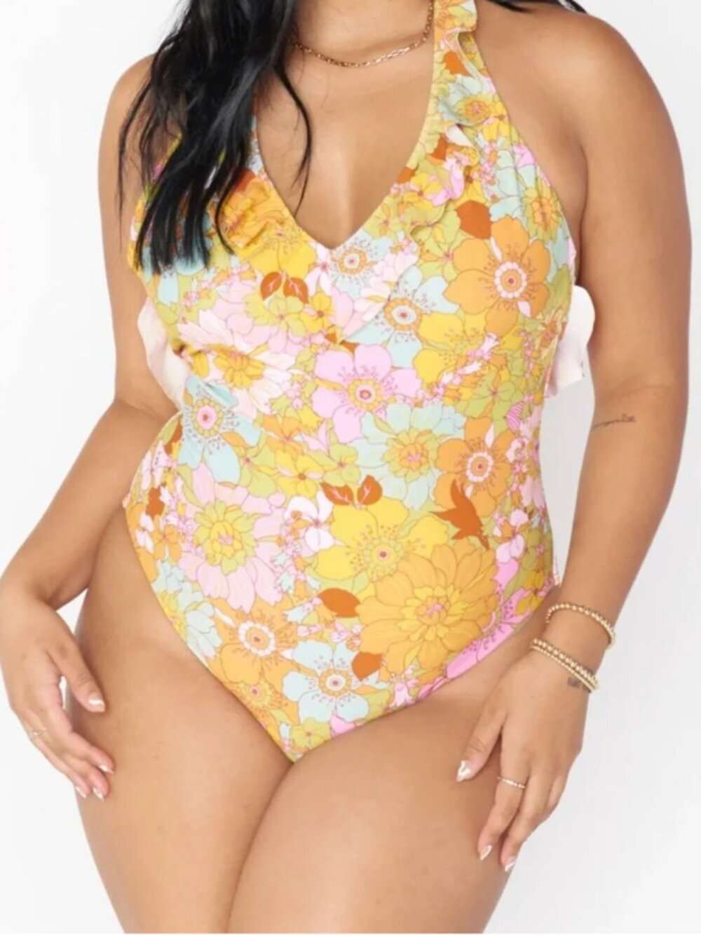 Show Me Your Mumu Retro Floral Halter V-Neck Cape Cod One Piece Swimsuit Sz XL